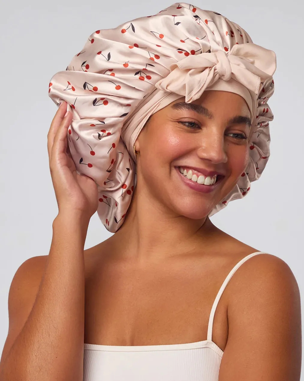 Adjustable Oversized Satin Bonnet - Cherry Print