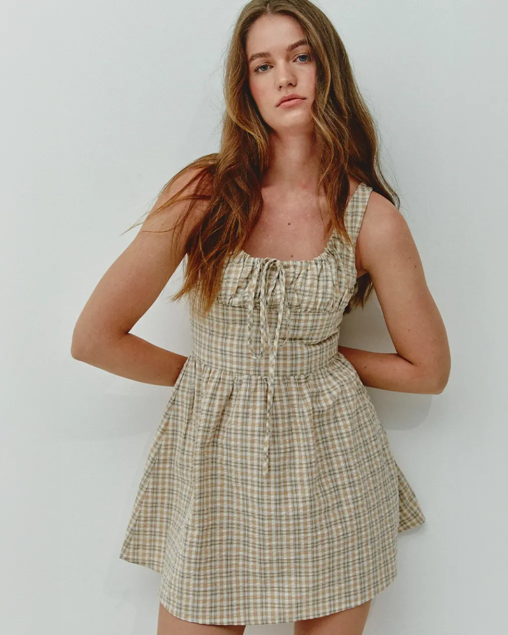 Beige Gingham Check Mini Dress