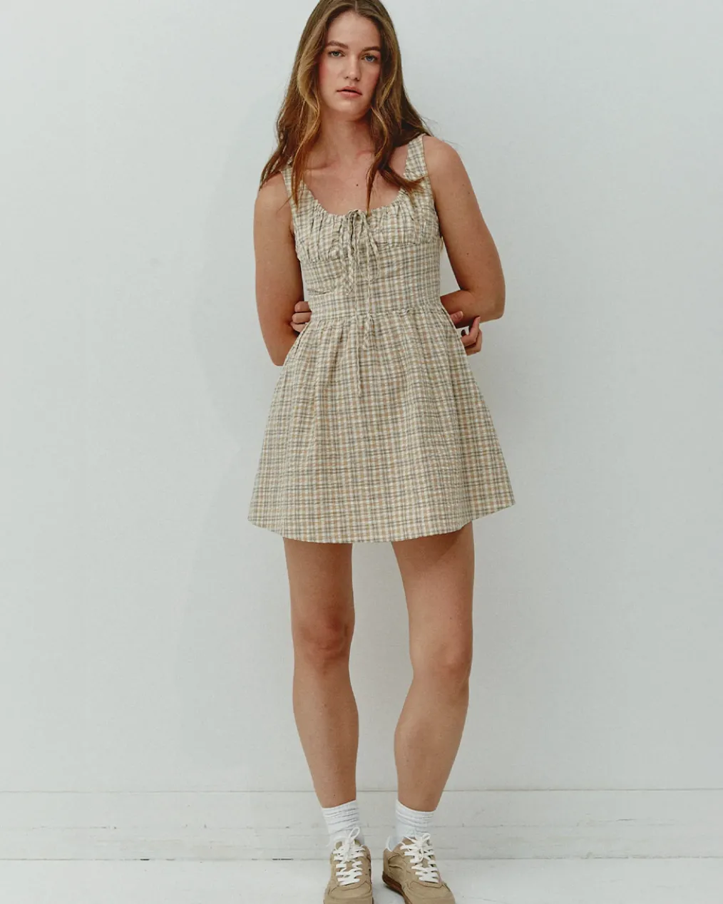Beige Gingham Check Mini Dress