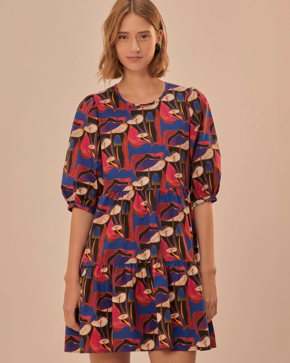 Black Wild Mushrooms Puff Sleeve Mini Dress