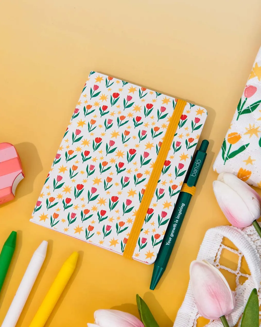 Mini Notebook with Pen - Tulips on Cream