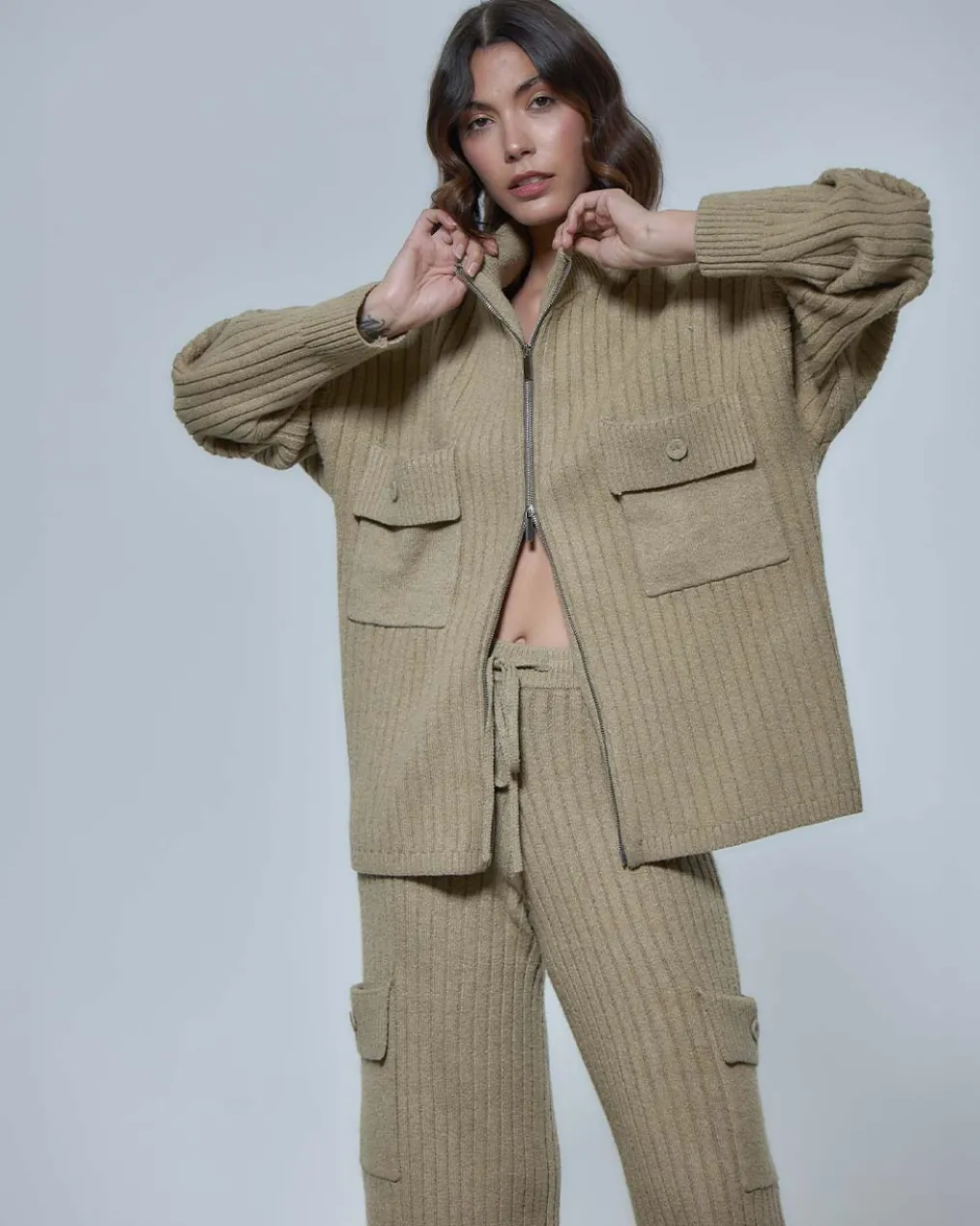 Raven Knitted Zip Up Cardigan - Biscuit