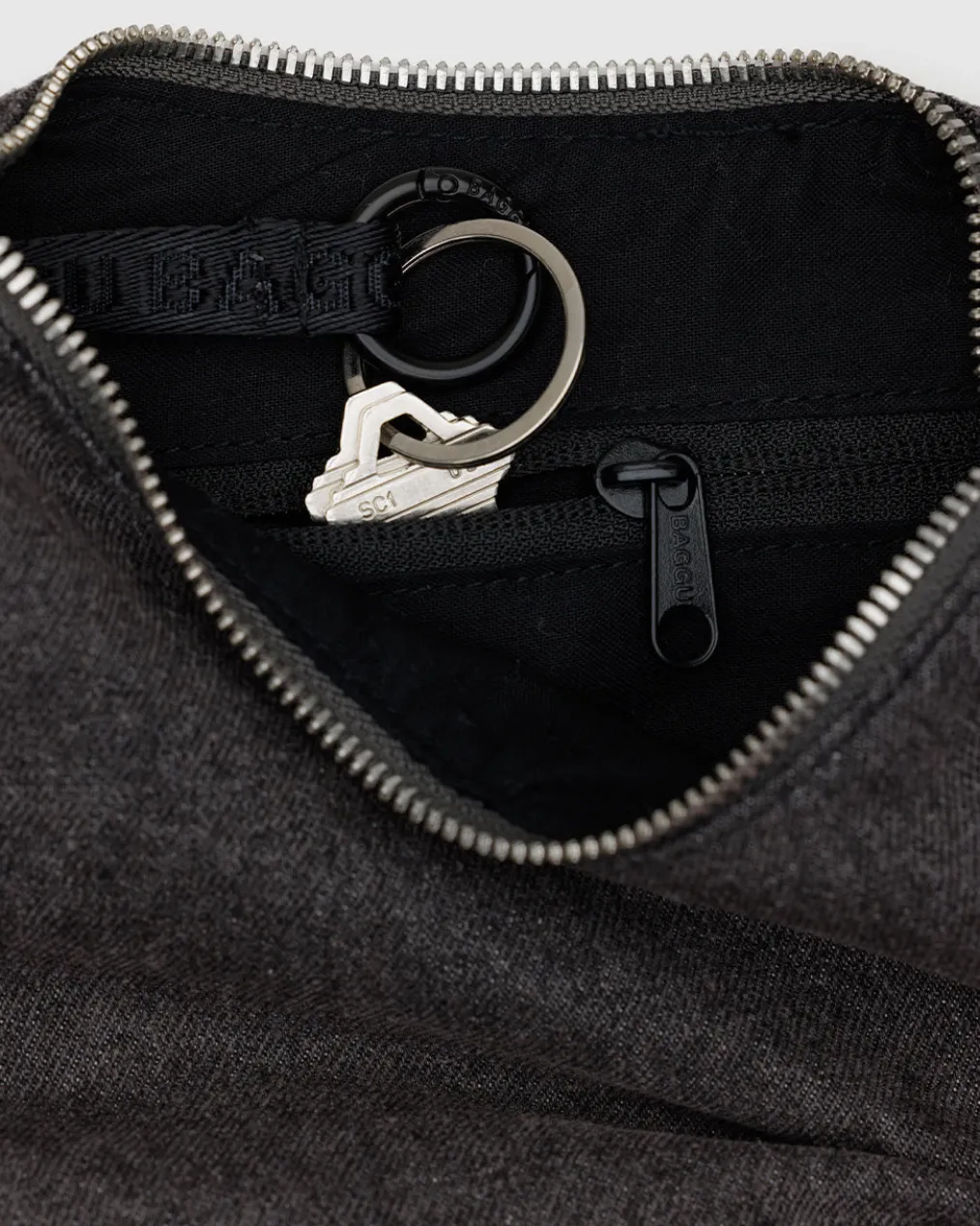 Small Denim Crescent Bag w/ Key Leash - Washed Black Denim